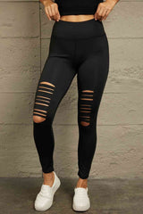 Double Take Wide Waistband Distressed Slim Fit Leggings Black / S