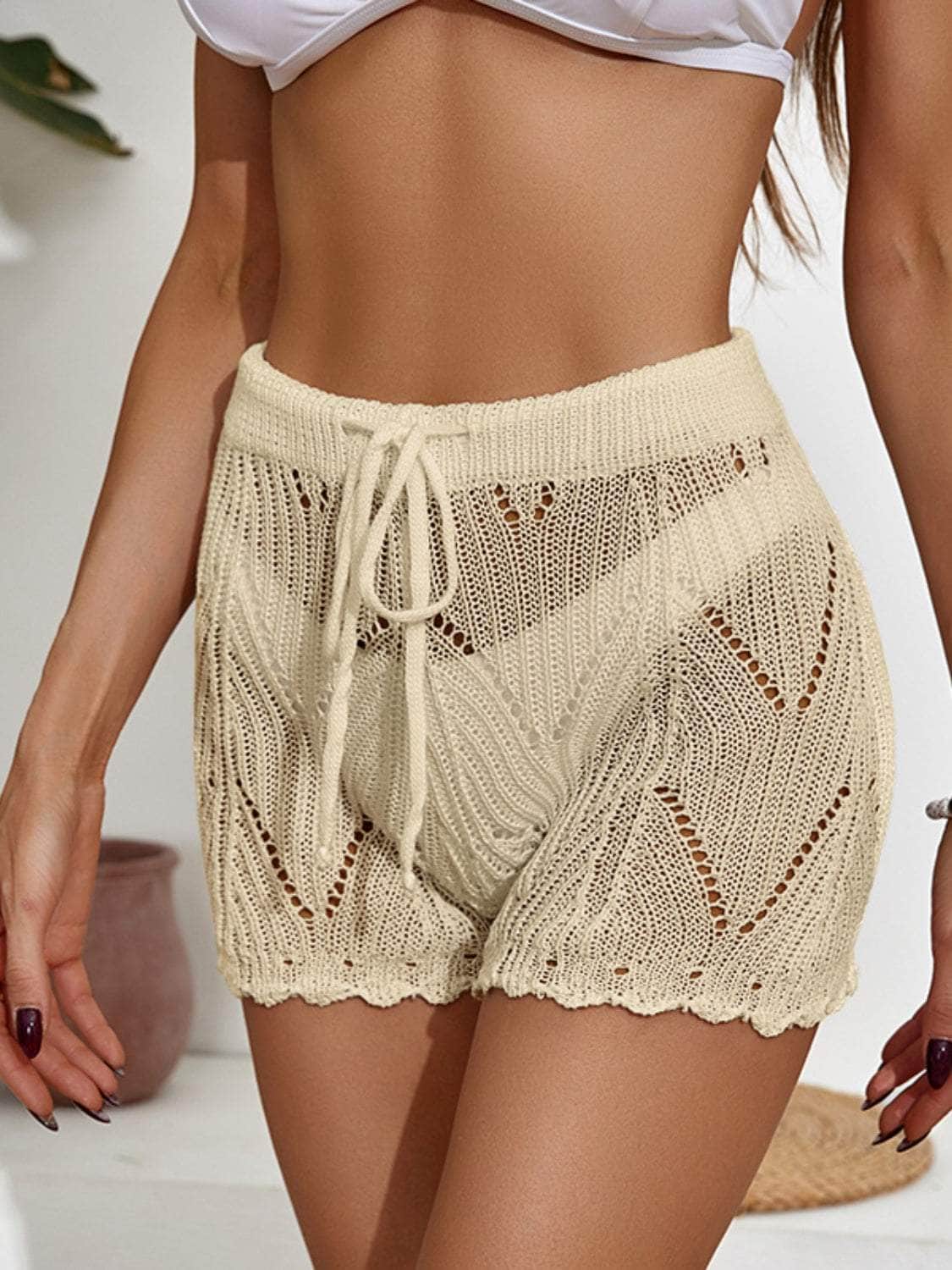 Drawstring Cutout Swim Shorts Khaki / S