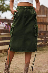 Drawstring Denim Cargo Skirt Army Green / S