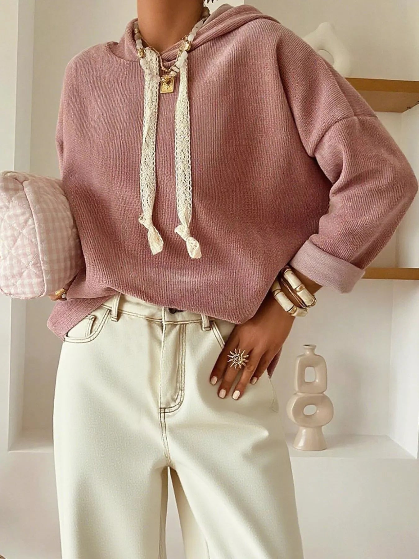 Drawstring Dropped Shoulder Hoodie Dusty Pink / S