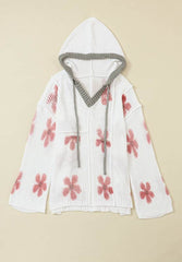 Drawstring Flower Hooded Knit Top