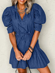 Drawstring High Waist Puff Sleeve Denim Mini Dress