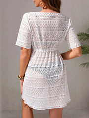 Drawstring Hollow Out Short Sleeve Cover-Up Dress White / One Size