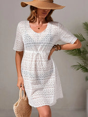 Drawstring Hollow Out Short Sleeve Cover-Up Dress White / One Size