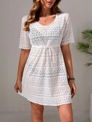 Drawstring Hollow Out Short Sleeve Cover-Up Dress White / One Size