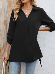 Drawstring Johnny Collared Three-Quarter Sleeve Top