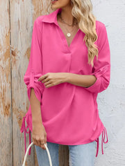 Drawstring Johnny Collared Three-Quarter Sleeve Top