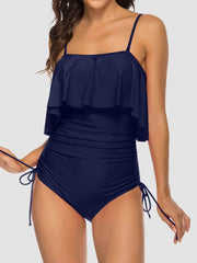 Drawstring Layered Spaghetti Strap One-Piece Swimwear Navy / S
