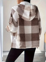 Drawstring Plaid Sherpa Zip-Up Hoodie