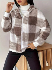 Drawstring Plaid Sherpa Zip-Up Hoodie