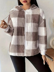 Drawstring Plaid Sherpa Zip-Up Hoodie