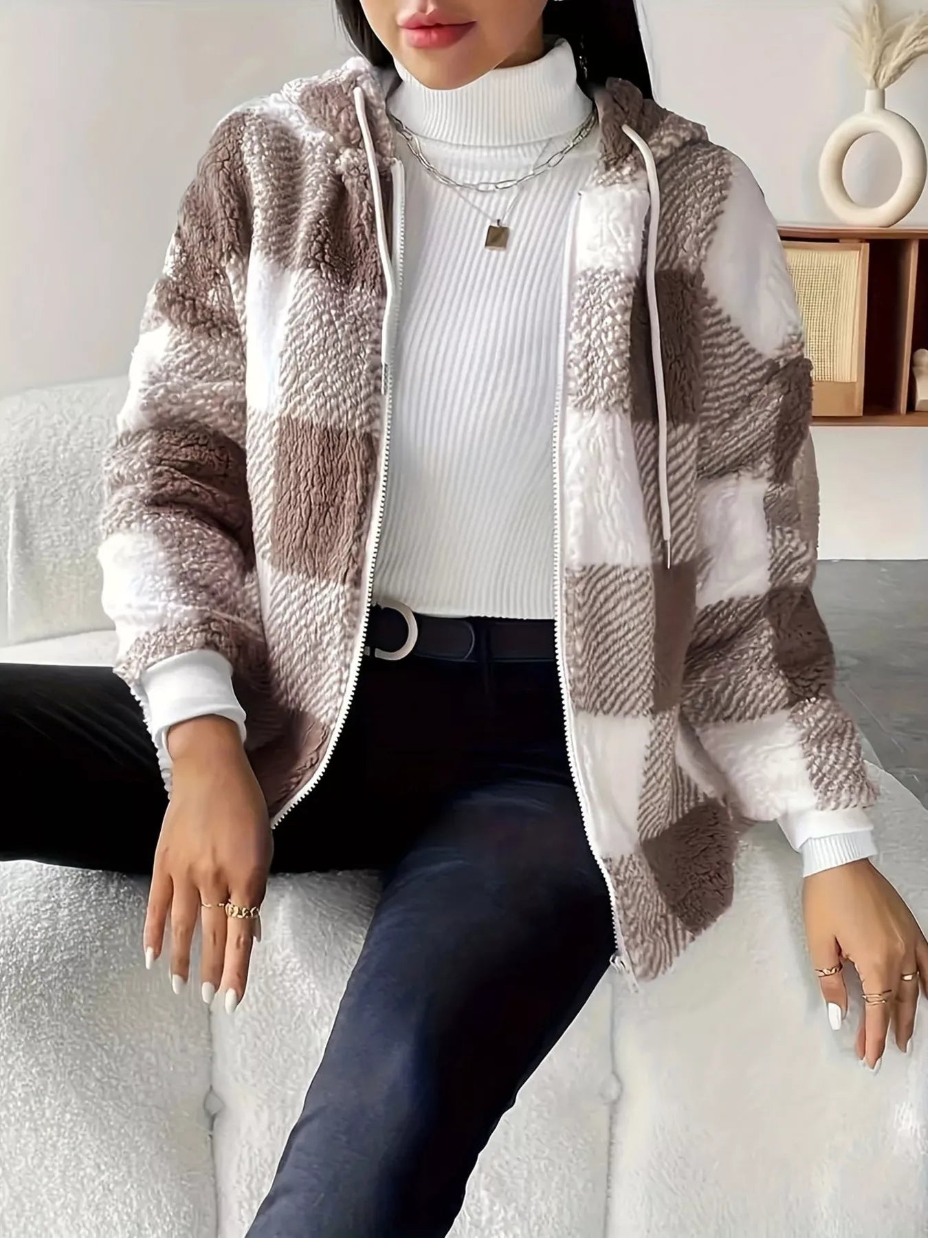 Drawstring Plaid Sherpa Zip-Up Hoodie