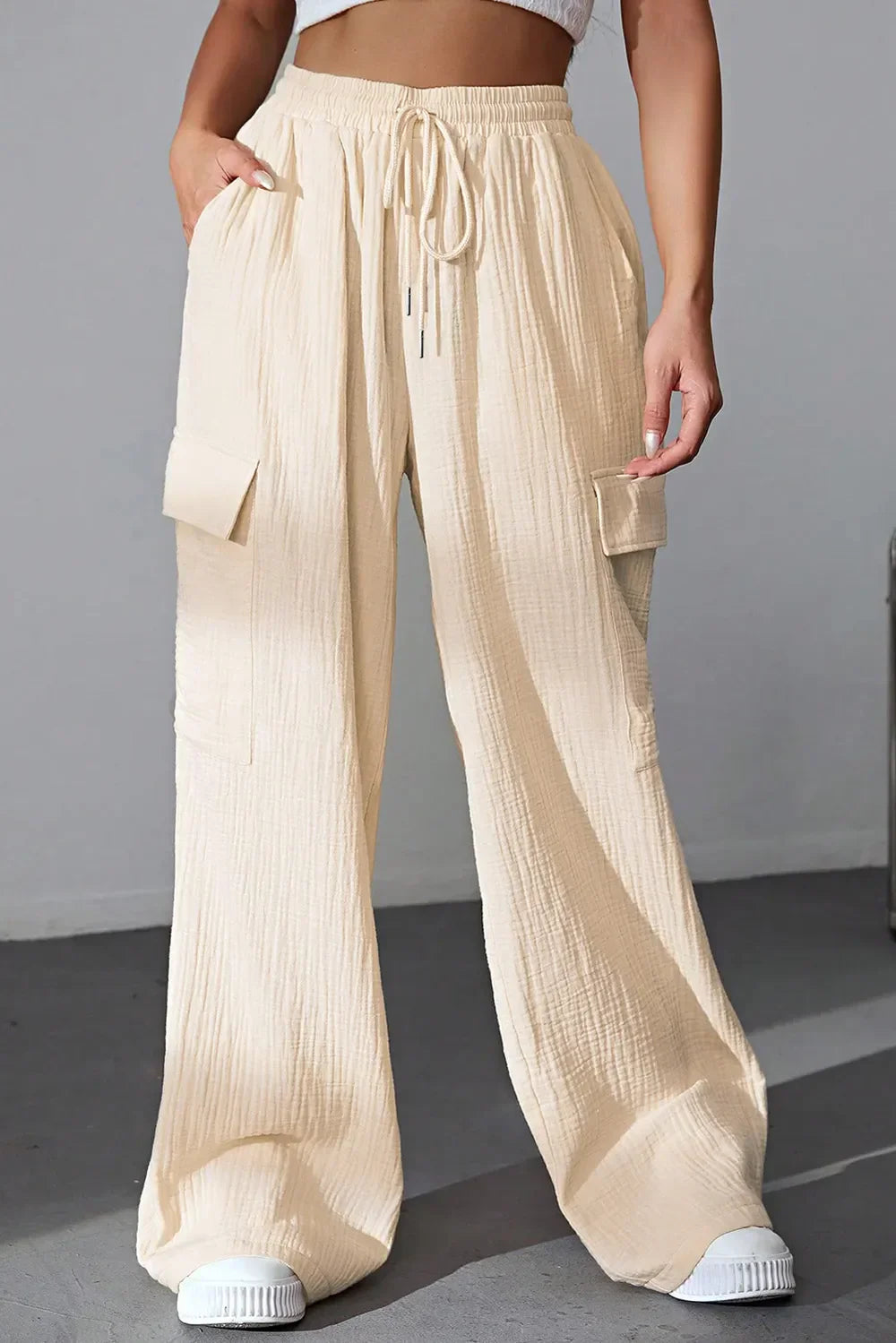 Drawstring Pocketed Wide Leg Pants Ivory / S