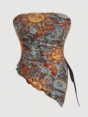 Drawstring Printed Tube Top Sunflower / XS