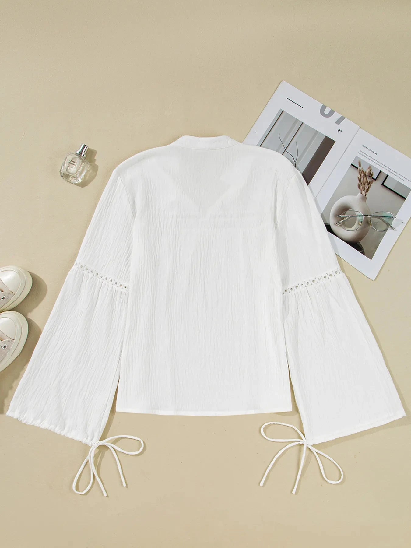 Drawstring Puff Sleeve Tie Neck Blouse