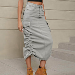 Drawstring Ruched Slit Denim Midi Skirt Light Gray / S