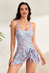 Drawstring Scoop Neck Wide Strap One-Piece Swimwear Floral / S