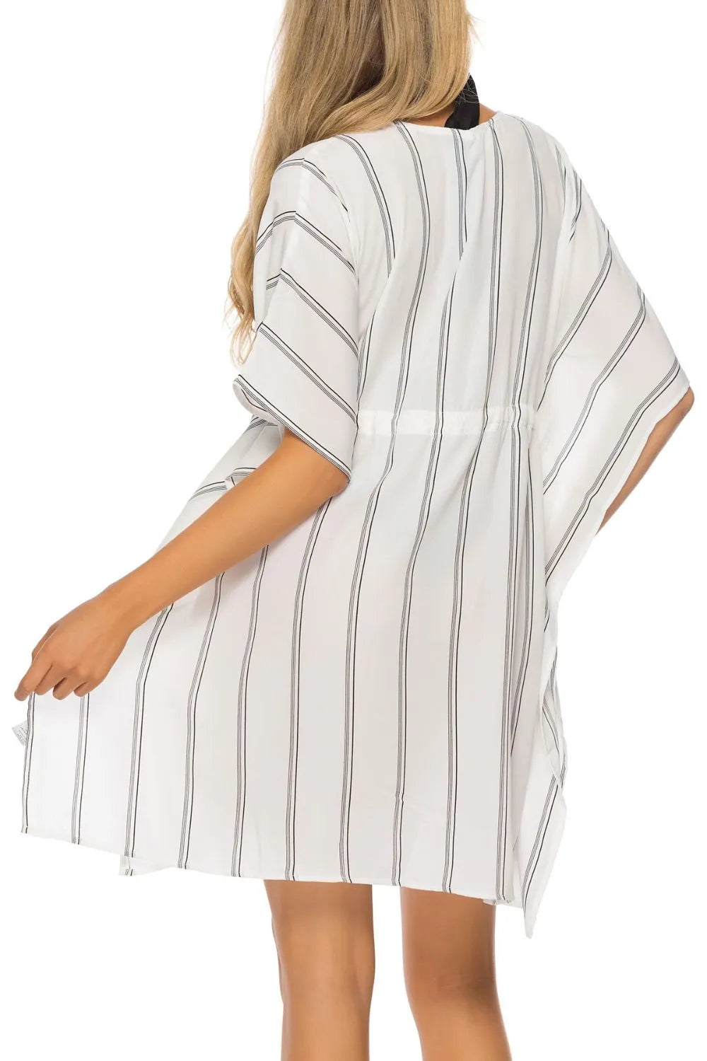 Drawstring Striped V-Neck Cover-Up