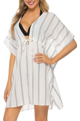 Drawstring Striped V-Neck Cover-Up White / S
