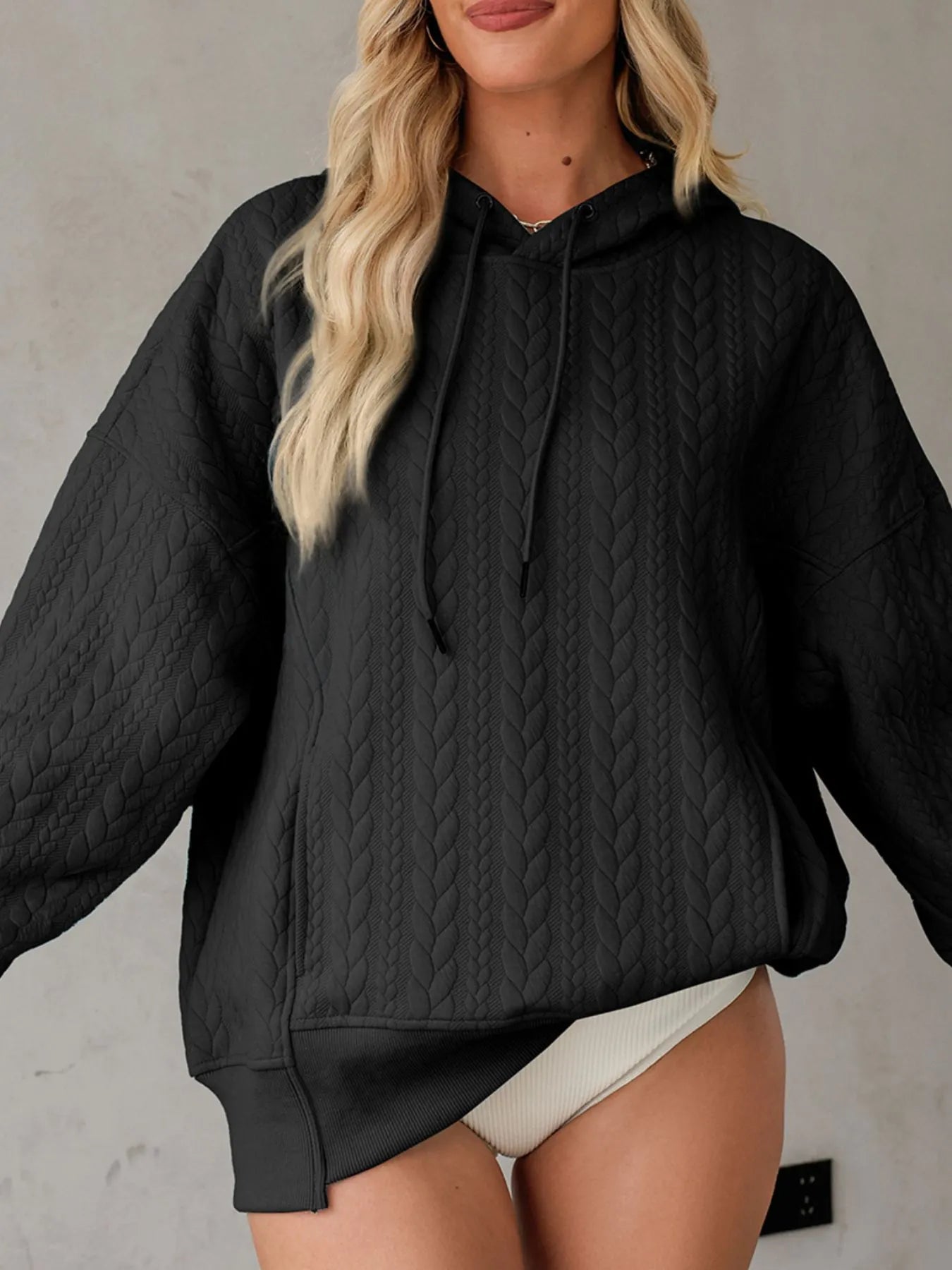 Drawstring Textured Baggy Solid Hoodie