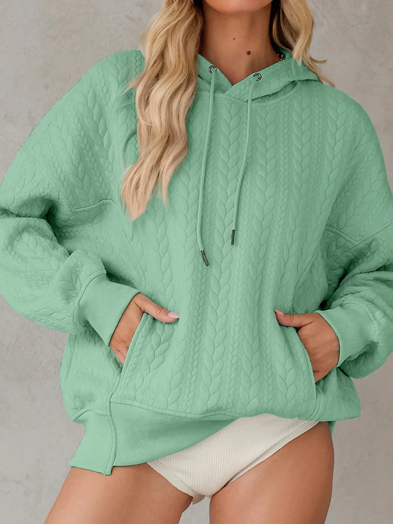 Drawstring Textured Baggy Solid Hoodie