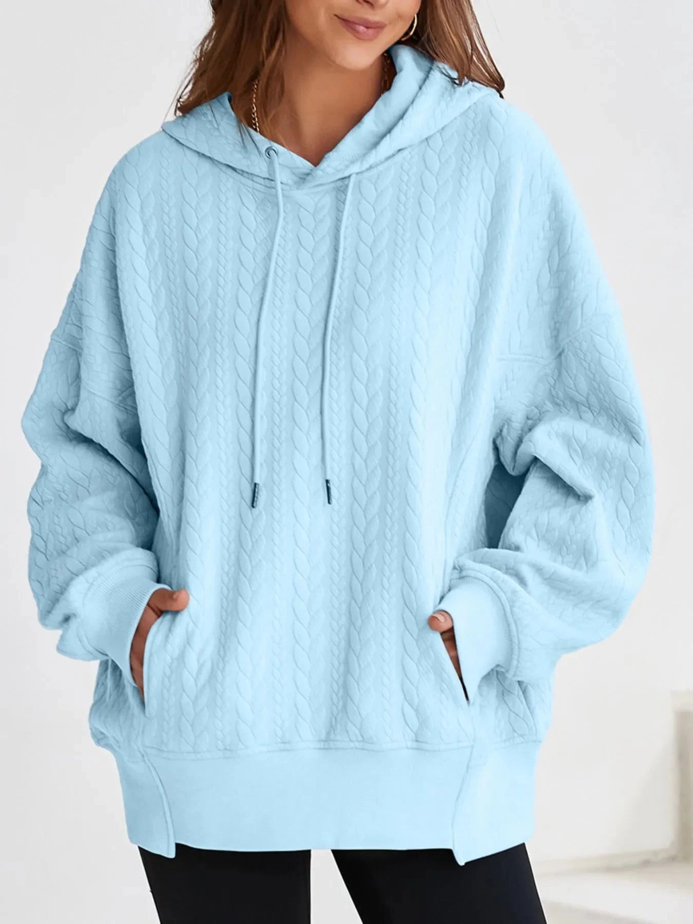 Drawstring Textured Baggy Solid Hoodie