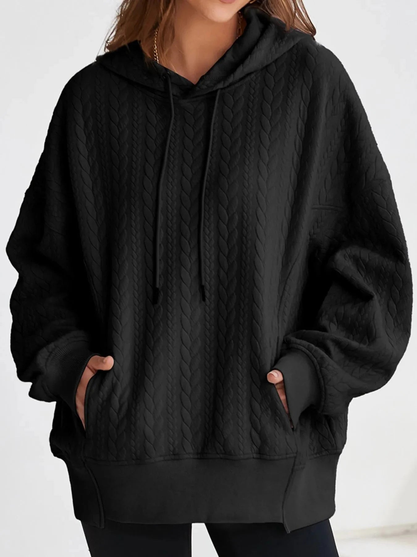 Drawstring Textured Baggy Solid Hoodie Black / S