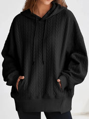 Drawstring Textured Baggy Solid Hoodie Black / S