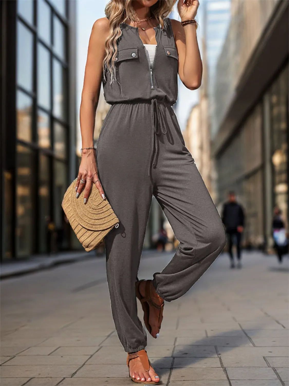Drawstring Waist Sleeveless Jumpsuit