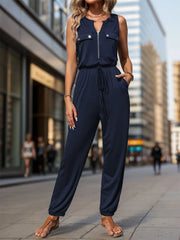 Drawstring Waist Sleeveless Jumpsuit Dark Blue / S
