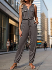 Drawstring Waist Sleeveless Jumpsuit Dark Gray / S