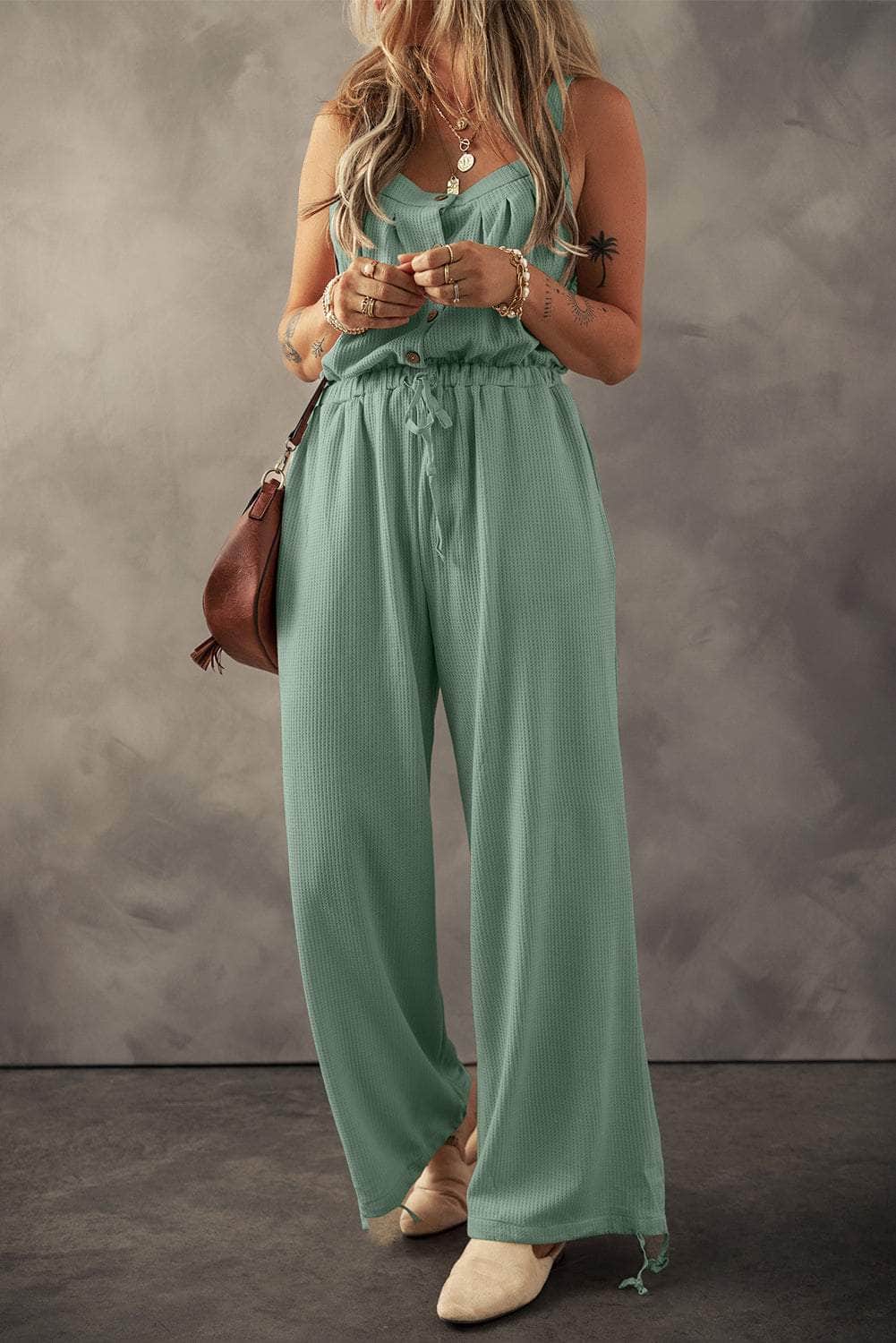 Drawstring Wide Strap Wide Leg Overalls Sage / S