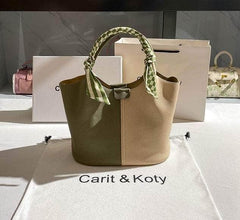 Dual-tone Top Handle Tote Bag with Scarf Accent
