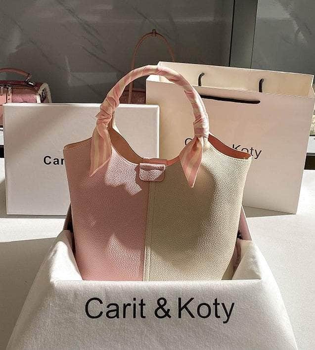 Dual-tone Top Handle Tote Bag with Scarf Accent