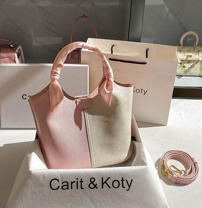 Dual-tone Top Handle Tote Bag with Scarf Accent