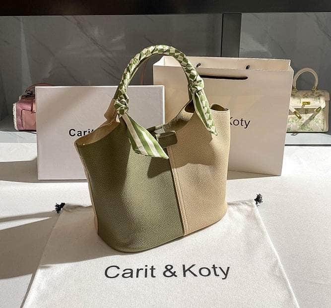 Dual-tone Top Handle Tote Bag with Scarf Accent