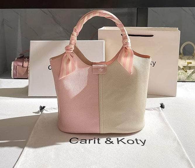 Dual-tone Top Handle Tote Bag with Scarf Accent