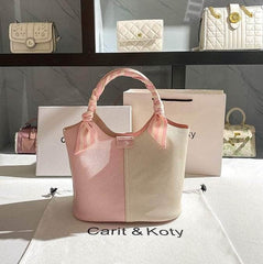 Dual-tone Top Handle Tote Bag with Scarf Accent