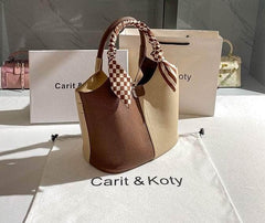 Dual-tone Top Handle Tote Bag with Scarf Accent