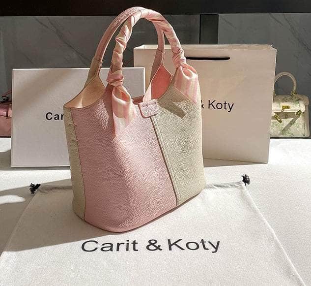 Dual-tone Top Handle Tote Bag with Scarf Accent