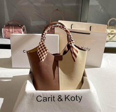 Dual-tone Top Handle Tote Bag with Scarf Accent