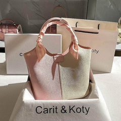 Dual-tone Top Handle Tote Bag with Scarf Accent