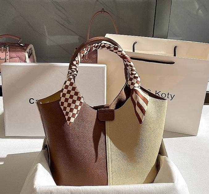 Dual-tone Top Handle Tote Bag with Scarf Accent Brown