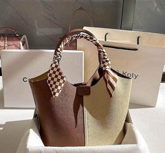 Dual-tone Top Handle Tote Bag with Scarf Accent Brown
