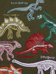 Close-up of the dinosaur skeleton print showing a velociraptor, stegosaurus, tyrannosaurus and spinosaurus