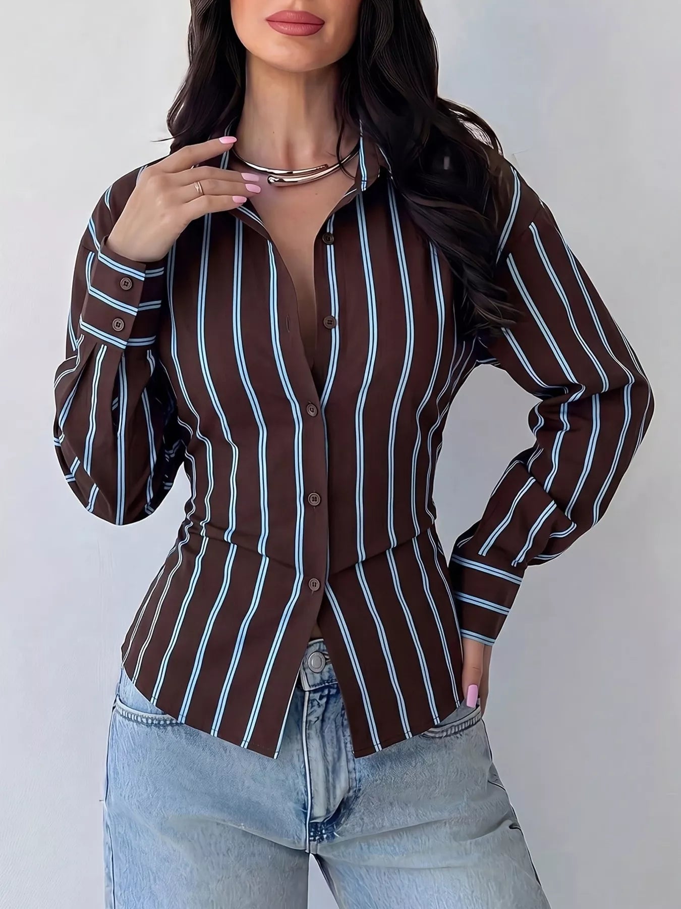 Standing front view of chocolate striped slim fit shirt with button placket and collar