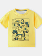 Front flat view of the yellow children's t-shirt with a construction vehicle blueprint graphic