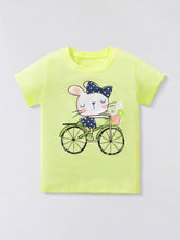 Yellow green children's short sleeve t-shirt with a rabbit riding a bicycle graphic
