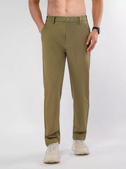 Men's olive casual pants with a slim fit and pockets.