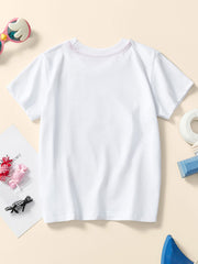 Back view of a plain white children's short sleeve tee laid flat with a round neckline